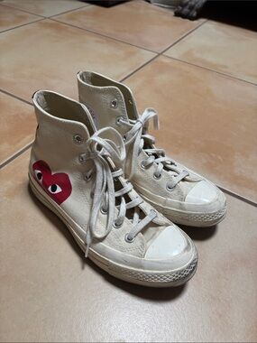 Converse Cream High Top Sneakers with Red Heart